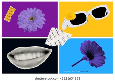 Sunny smile, halftone collage. Good mood, contemporary art. Smile on female lips, positive emotion, bright sunny summer day, banner, poster, advertisement. Modern collage with a happy smile. Vector.