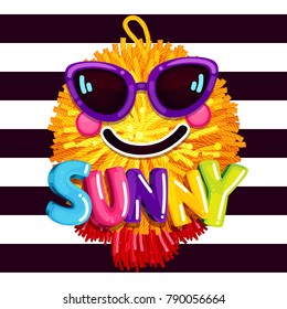 Sunny smile sunglasses. summer colorful print. soft pompon pendant vector illustration on strips background. Cartoon design