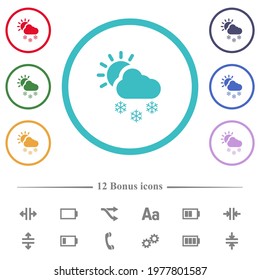 Sunny and snowy weather flat color icons in circle shape outlines. 12 bonus icons included.