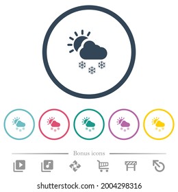 Sunny and snowy weather flat color icons in round outlines. 6 bonus icons included.