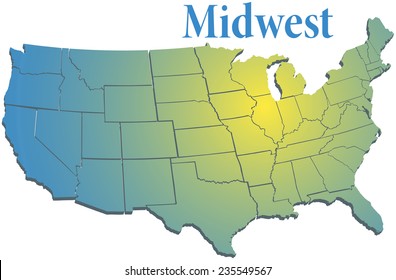 Sunny Spotlight Shines On Midwest Map Of States In US Midwestern Region