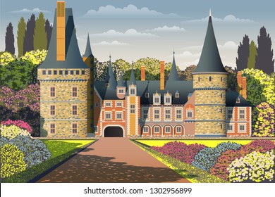 Sunny Spring Day In The Garden Near The Medieval Castle. Handmade Drawing Vector Illustration. Flat Design. Vintage Poster. All Objects Are Grouped By Layers.