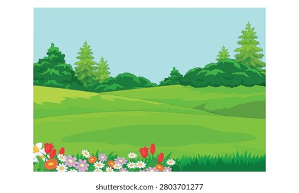 Sunny Spring Field Cartoon Landscape with Wildflowers Green Hills, Pine Trees and Shrubbery