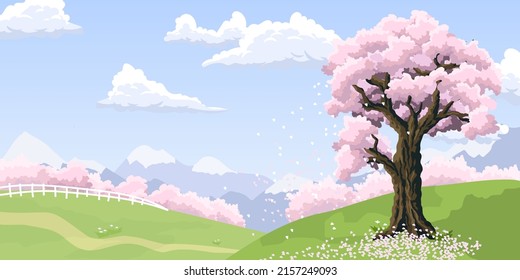 paisaje de primavera soleado con un árbol floreciente en la colina. Los pétalos rosas vuelan desde el sakura. Nubes de dibujos animados sobre un cielo despejado. Jardines y montañas en segundo plano