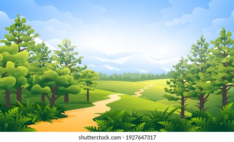 Sunny spring landscape of coniferous forest on mountains background.