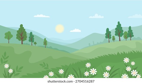 Paisaje soleado de primavera con árboles, montañas, colinas y flores blancas en flor. Afiche de Naturaleza estacional. Fondo Horizontal plano de primavera mínimo. Ilustración vectorial. No es IA