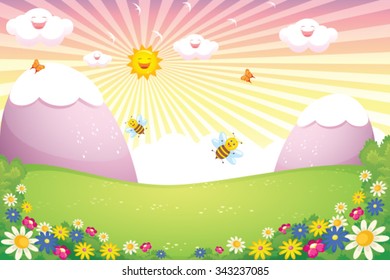 Sunny Spring Landscape Vector
