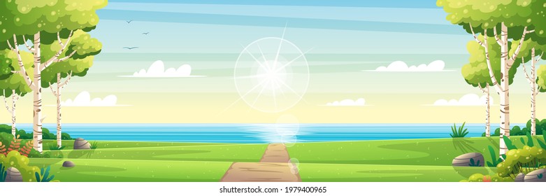 Sunny spring landscape. Vector illustration with separate layers.