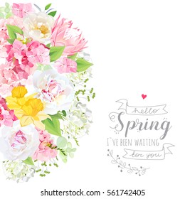 Sunny spring vector design card with white peony, yellow daffodils, protea, pink hydrangea, wild rose and bright green leaves. Happy floral background. All elements are isolated and editable.