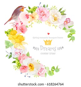 Sunny spring vector design round frame with white peony, yellow daffodils, pink orchid, camellia, green hydrangea, rose and bright leaves. Robin bird card. All elements are isolated and editable.