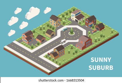 Sunny suburb isometric background  illustrated green suburban neighborhood with good roads and modern buildings vector illustration