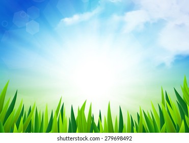 Sunny summer background with clouds and grass, vector illustration