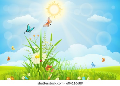 Sunny summer background with green grass, flowers and butterflies