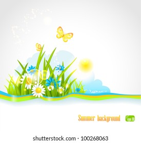 Sunny summer background with sunlight and flowers