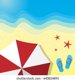 Sunny summer background with umbrella, flip-flops and starfish on the beach. Vector illustration.