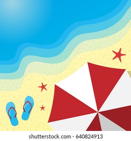 Sunny summer background with umbrella, flip-flops and starfish on the beach. Vector illustration.