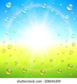 Sunny summer background, with water drops, vector illustration.