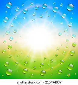 Sunny summer background, with water drops, vector illustration.