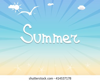 Sunny summer background with the word summer, soaring birds and starfish