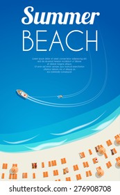 Playa soleada de verano con tumbonas y gente. Ilustración vectorial, eps10.