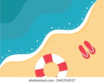 Sunny summer beach top view with sea wave, beach slippers and inflatable ring vector flat background