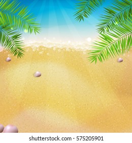Sunny summer beach travelling background. Sea foam, golden sand, palm leaves, peaceful holiday background template.