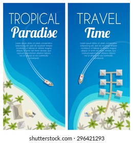 Sunny summer beach vertical banners with palms and bungalows. Vector illustration, eps10.