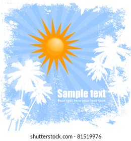 Sunny summer blue card with palm trees and radial background