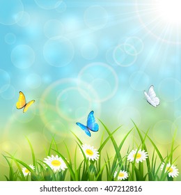 Sunny summer with butterflies flying above the grass with flowers on blue sky background, illustration.