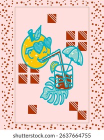 Sunny Summer Cocktail with Orange Funny Illustration