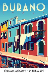 Sunny summer day in Burano, Italy. Handmade drawing vector illustration. Pop art retro poster. Can be used for posters, banners, postcards, books & etc.