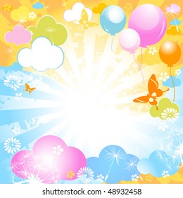 sunny summer day, colorful design with butterflies and balloons