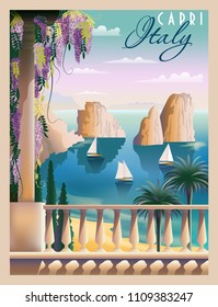 Sunny Summer Day In Italy. Handmade Drawing Vector Illustration. Art Deco Style. Can Be Used For Posters, Banners, Postcards, Books & Etc.