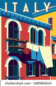 Sunny summer day in Italy. Handmade drawing vector illustration. Pop art retro poster. Can be used for posters, banners, postcards, books & etc.