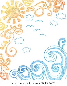 Sunny Summer Day and Ocean Waves Hand-Drawn Sketchy Notebook Doodles Vector Illustration