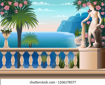 Sunny summer day on the island of Capri, Italy. Handmade drawing vector illustration. Can be used for posters, banners, postcards, books & etc.