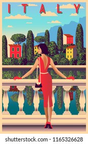 Sunny summer day on the shore of lake Como, Italy. Handmade drawing vector illustration. Can be used for posters, banners, postcards, books & etc.