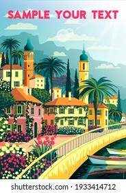 Sunny summer day on the shore of lake Como, Italy. Handmade drawing vector illustration. All buildings - customizable different objects. Can be used for posters, banners, postcards, books.