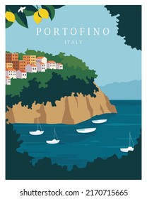 Sunny summer day in portofino italy with lemon trees Handmade drawing vector. Travel Poster.