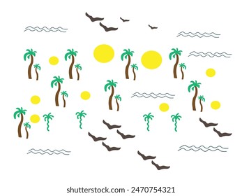 sunny summer day vector background.Plam tree, beach, sea, vacation, and sunny summer day aesthetic vector background.