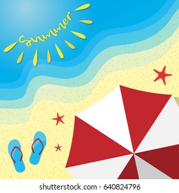 Sunny summer design with umbrella, flip-flops and starfish on the beach. Vector illustration.