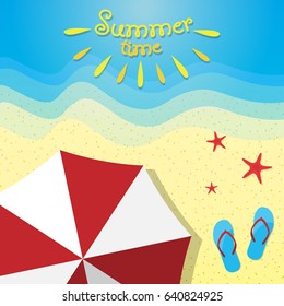 Sunny summer design with umbrella, flip-flops and starfish on the beach. Vector illustration.