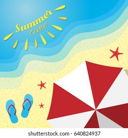 Sunny summer design with umbrella, flip-flops and starfish on the beach. Vector illustration.