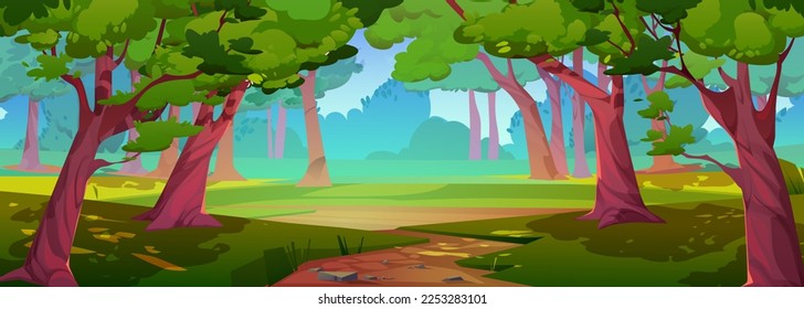 Sunny summer forest, park nature landscape. Cartoon wood background with green grass under trees, empty brown sandy path. Vector illustration