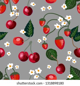Sunny summer garden. Seamless vector pattern with strawberries and cherries. Retro textile collection. On grey background.