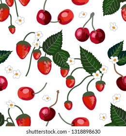 Sunny summer garden. Seamless vector pattern with strawberries and cherries. Retro textile collection. On white background.
