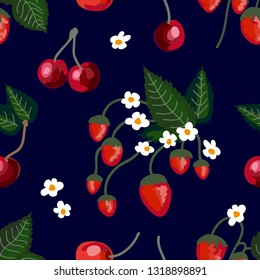 Sunny summer garden. Seamless vector pattern with strawberries and cherries. Retro textile collection. On black background.