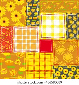 Sunny Summer Garden. Yellow Patchwork. Foral Motifs, Checkered Flaps. Sunflowers, Lilies, Daisies, Dangelions. Bohemian Patches. Retro Textile Collection. Floral Motifs. Colorful Golden Flowers.