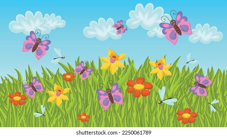 Sunny summer happy day on the meadow with grass, Narcissuses, red daisy flowers, butterflies and dragonflies with blue cloudy sky. Serene mood, bliss.
