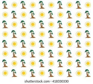 Sunny summer holiday background with shining yellow sun and brown sandy island with two green palm trees with green leaves and brown trunk in a row alternately on a white background